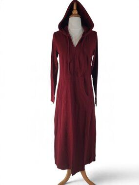 Zapelle Burgundy Cotton/Spandex Hooded Long Sleeve Maxi Dress With Pocket - sm